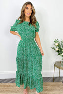 Green And White Printed Shirred Waist Smock Dress