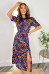 Blue Floral Pleated Sleeve Split Leg Midi Dress