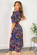 Blue Floral Pleated Sleeve Split Leg Midi Dress