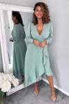 Duck Egg Long Sleeve Frill Wrap Midi Dress