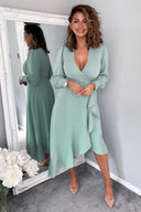 Duck Egg Long Sleeve Frill Wrap Midi Dress