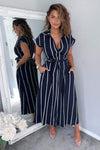 Navy Striped Short Sleeve Midi Shirt Dress