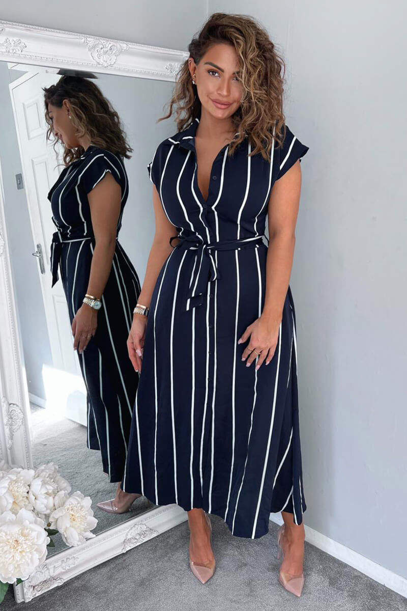 Navy Striped Short Sleeve Midi Shirt Dress