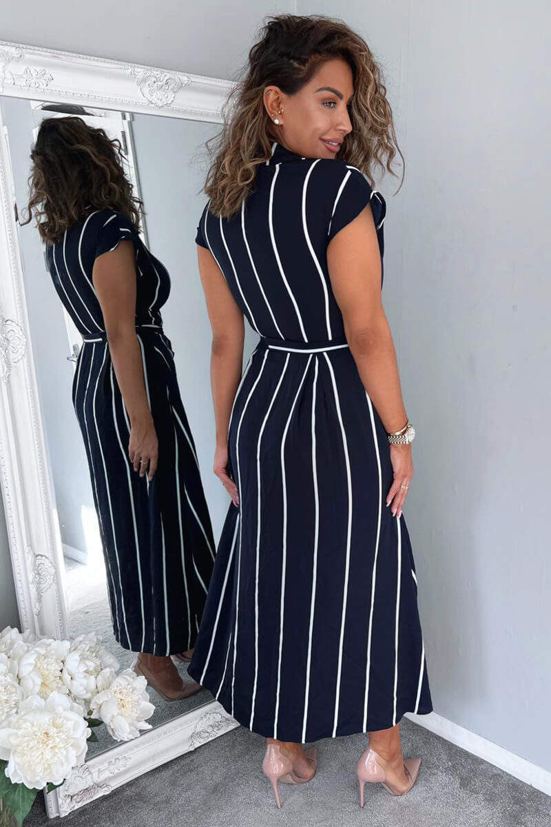 Navy Striped Short Sleeve Midi Shirt Dress