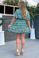 Green Printed Short Sleeve Shirred Waist Mini Dress