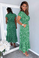 Green And White Animal Print Collared Smock Midi Dress