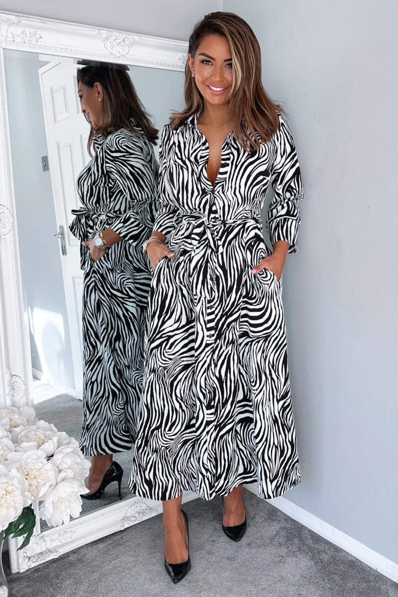 Black And White Zebra Print Midi Shirt Dress