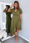 Olive Wrap Over Top Frill Hem Midi Dress