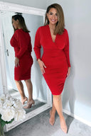 Red Ruched Wrap Top Midi Dress