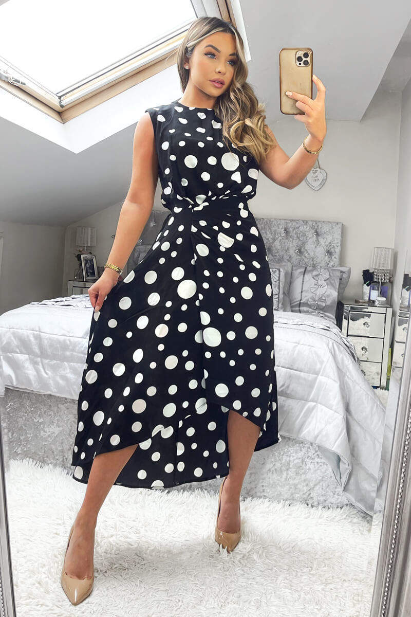 Black And White Polka Dot Gathered Midi Dress AX Paris