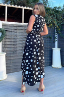 Black And White Polka Dot Gathered Midi Dress