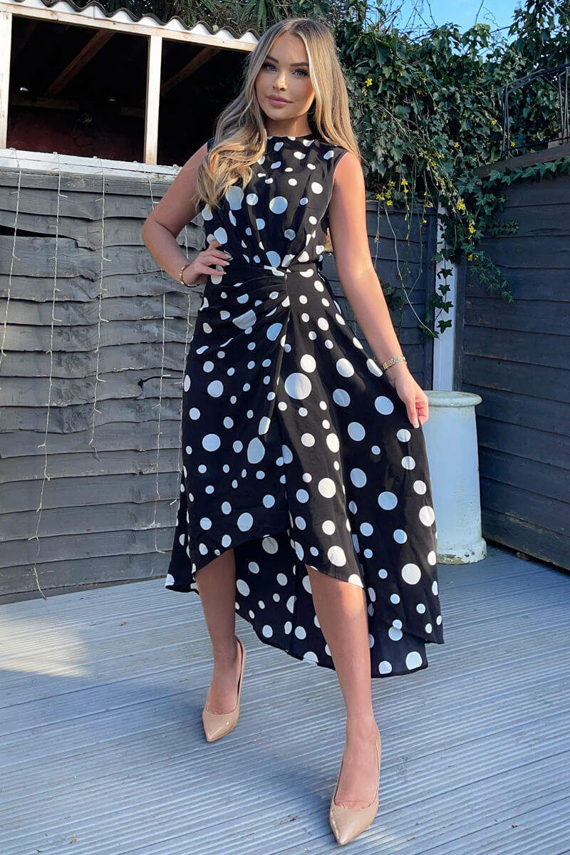 Black And White Polka Dot Gathered Midi Dress AX Paris