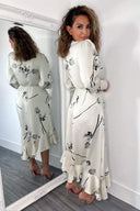 Stone Floral Printed Wrap Over Long Sleeve Dress