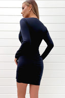 Navy Frill Detail Long Sleeve Bodycon Mini Dress