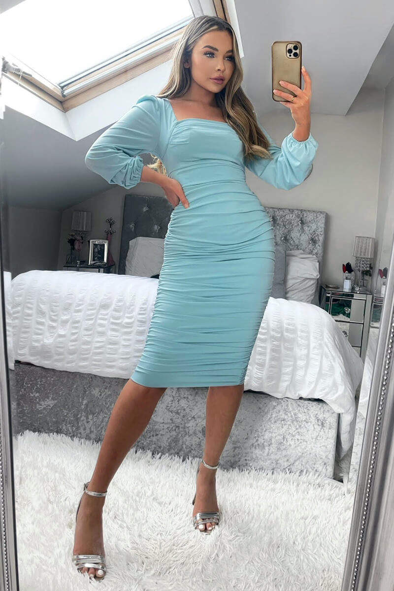 Powder Blue Square Neck Ruched Long Sleeve Midi Dress