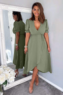 Khaki Wrap Side Tie Midi Dress