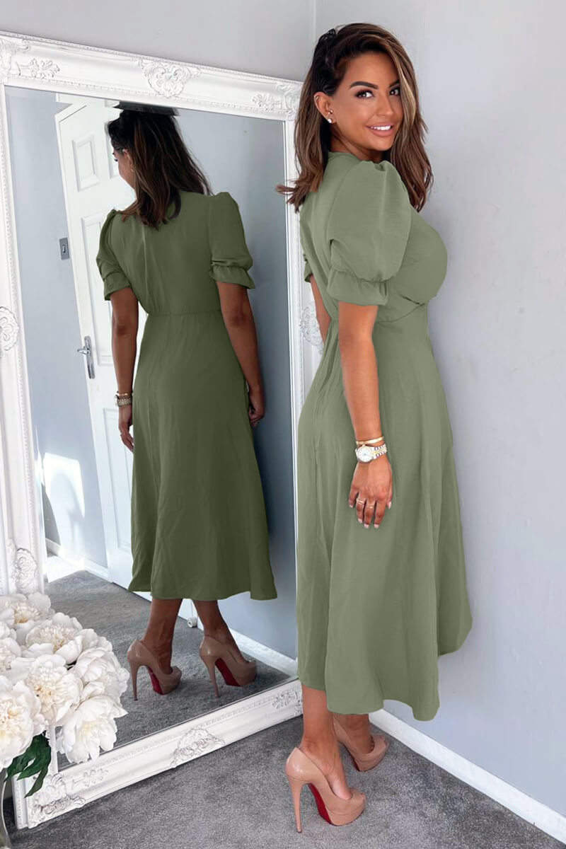 Khaki Wrap Side Tie Midi Dress