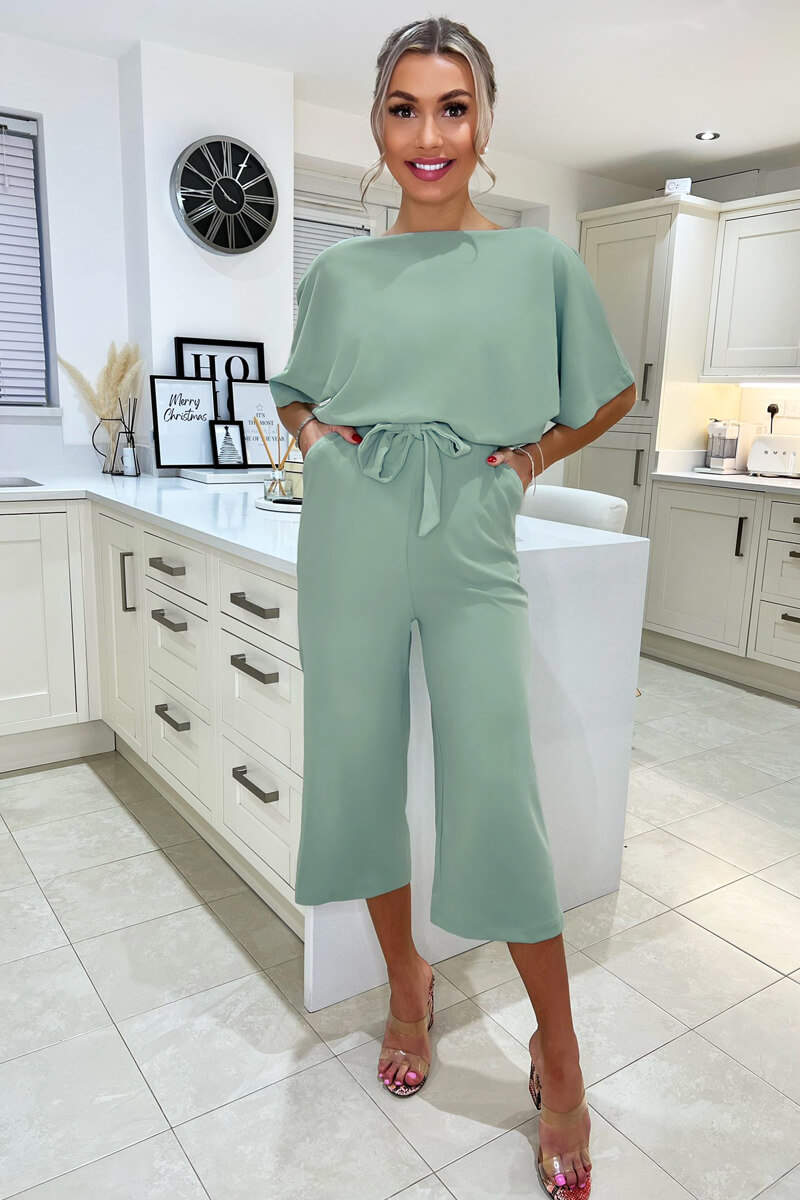 Duck Egg Tie Waist Short Sleeve Culotte Jumpsuit