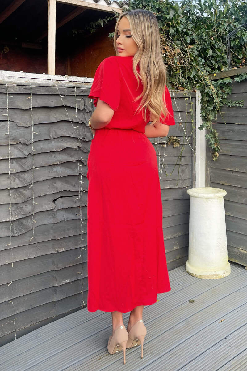 Red Ruched Split Leg Midi Dress