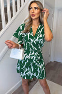 Green And White Printed Gathered Mini Dress