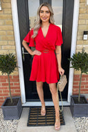 Red Wrap Over Belted Skater Dress With Short Sleeves