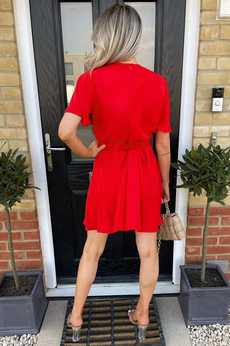 Red Wrap Over Belted Skater Dress With Short Sleeves