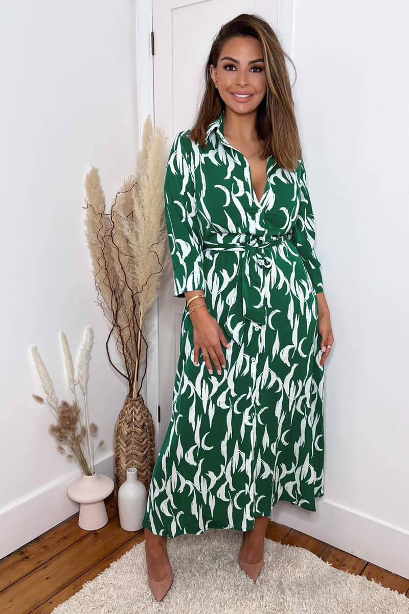 Green And White Printed Button Up Long Sleeve Midi Dress AX Paris