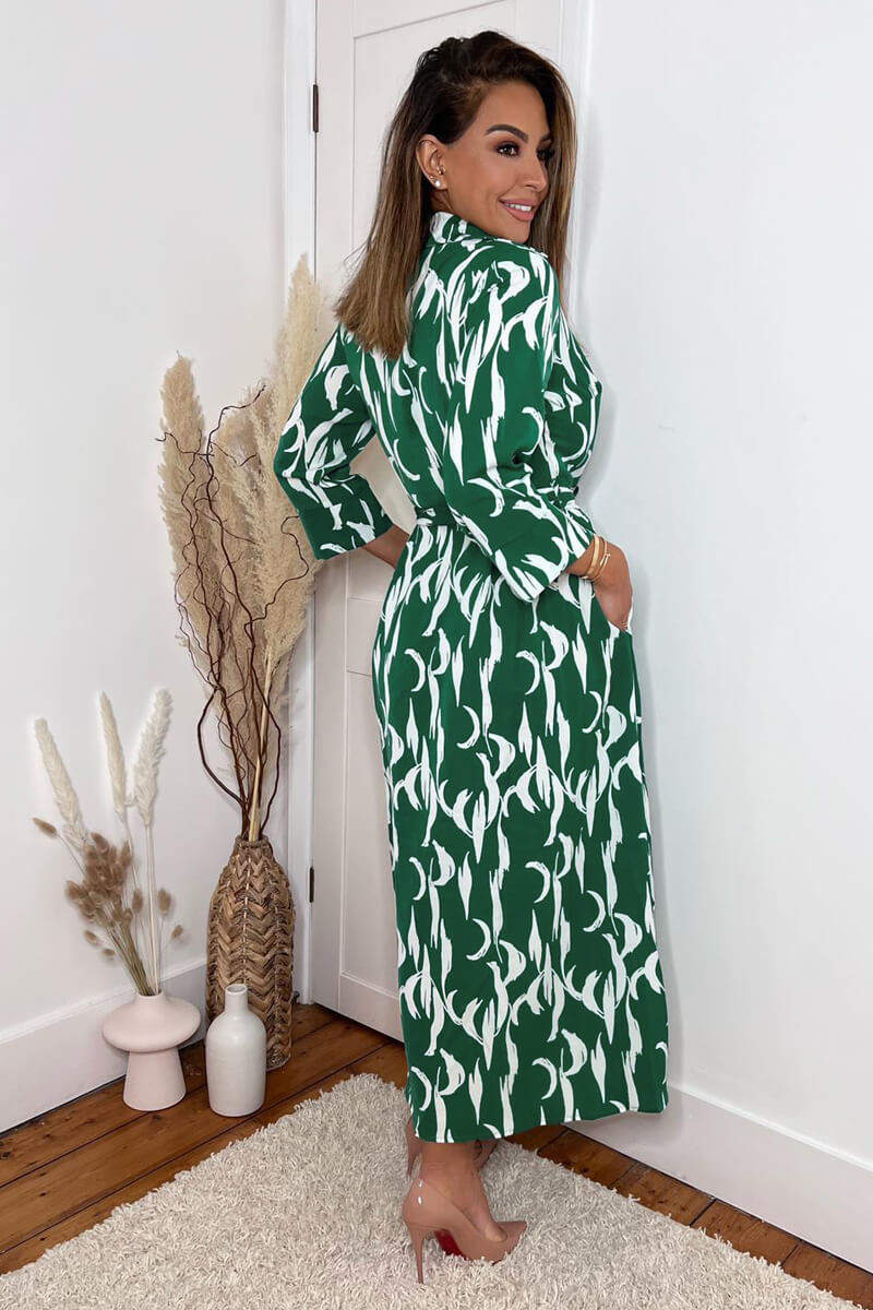 Green And White Printed Button Up Long Sleeve Midi Dress AX Paris