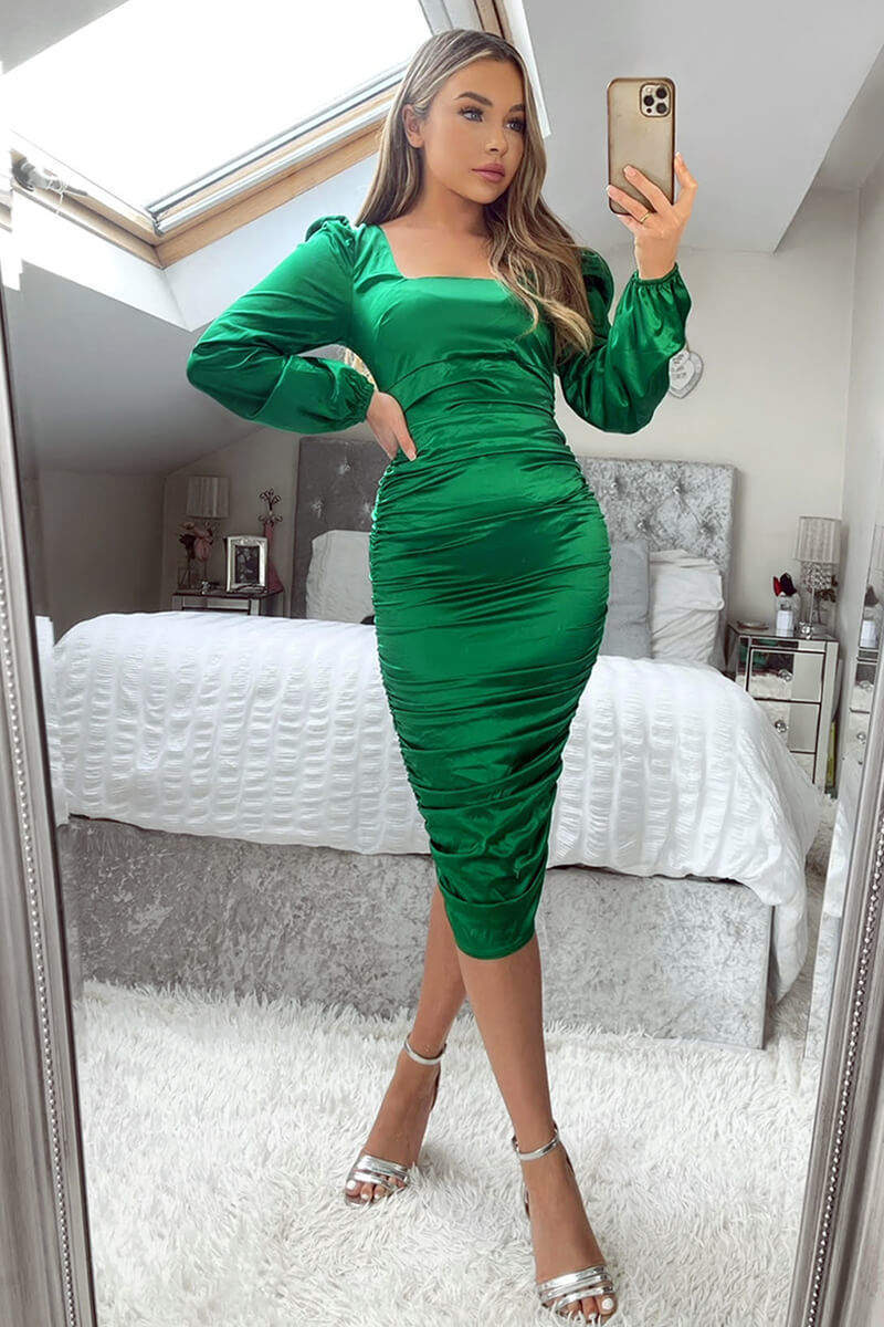 Jade Green Satin Square Neck Ruched Dress