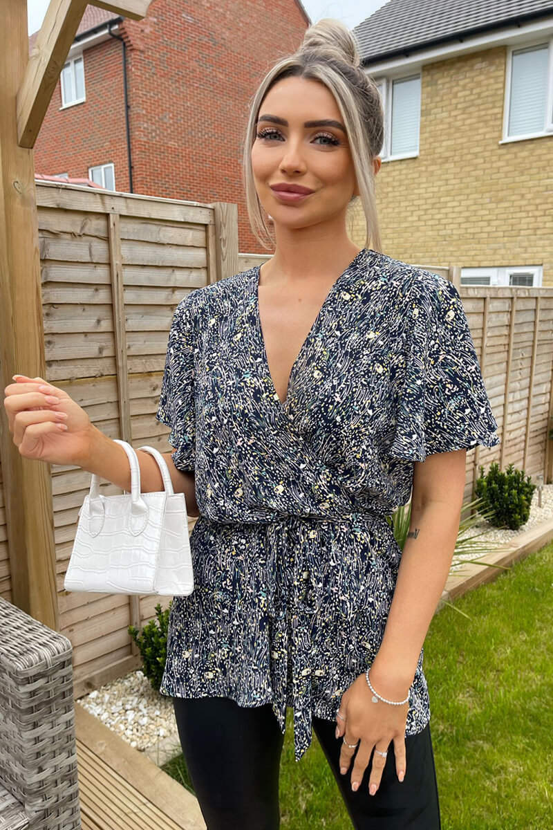 Navy Ditsy Print Wrap Short Sleeve Belted Top