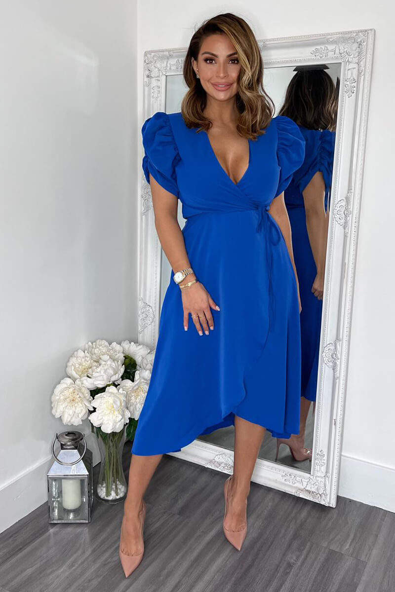 Blue Wrap Over Tie Midi Dress