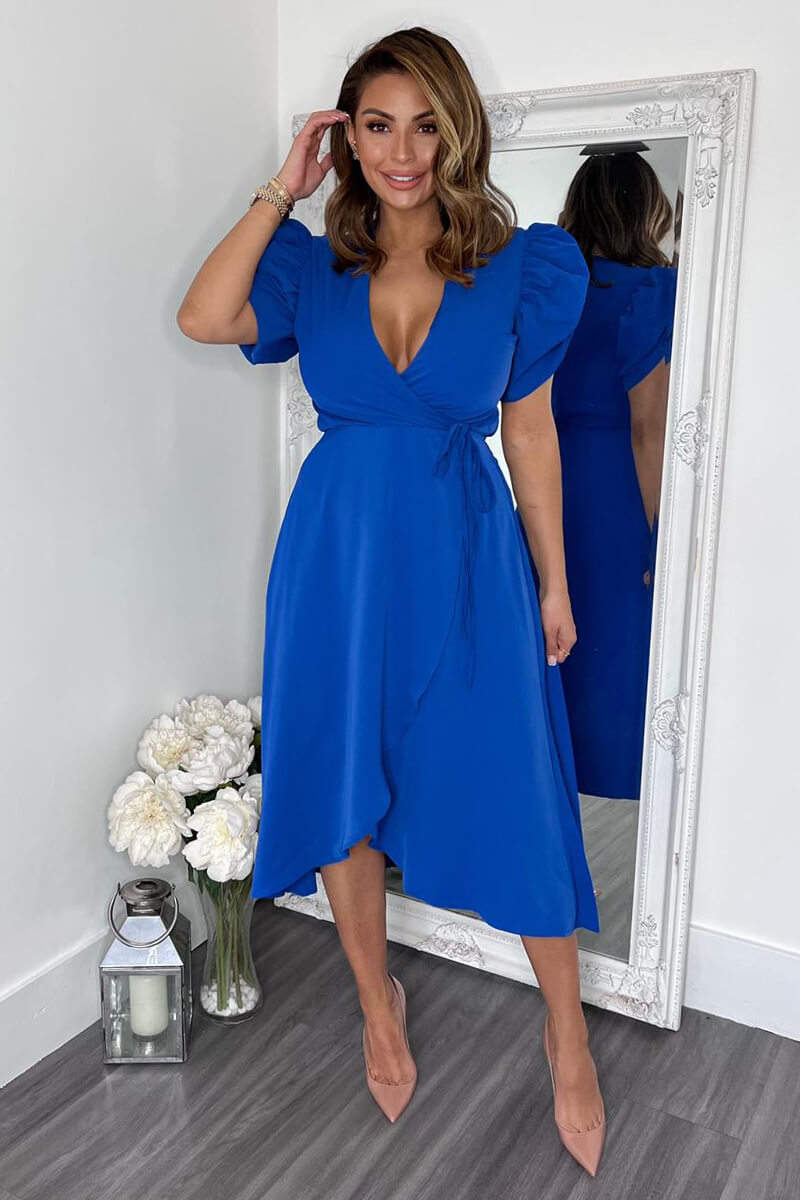 Blue Wrap Over Tie Midi Dress AX Paris