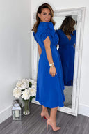 Blue Wrap Over Tie Midi Dress