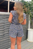 Navy Ditsy Print Wrap Top Belted Playsuit