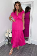 Hot Pink Short Sleeved V-Neck Midi Smock Dress