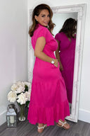 Hot Pink Short Sleeved V-Neck Midi Smock Dress