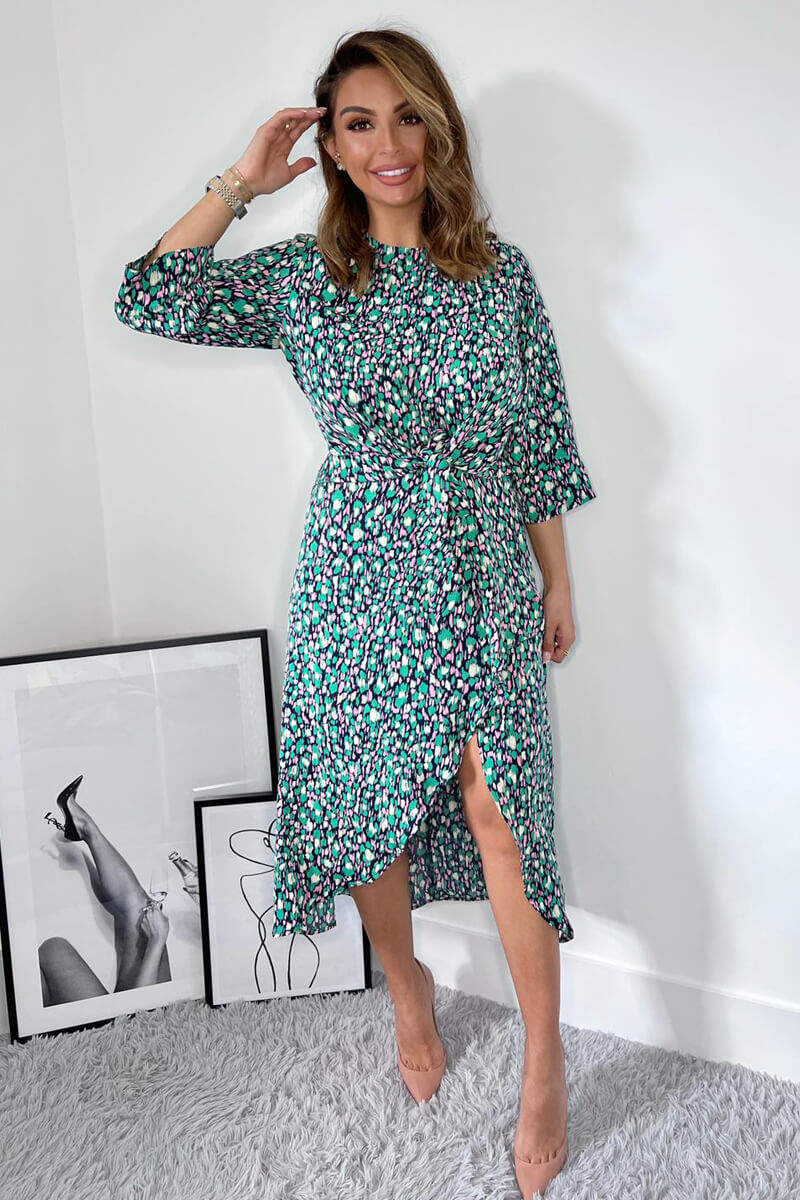 Navy Green And Pink Printed Wrap Tie Front Midi Dress