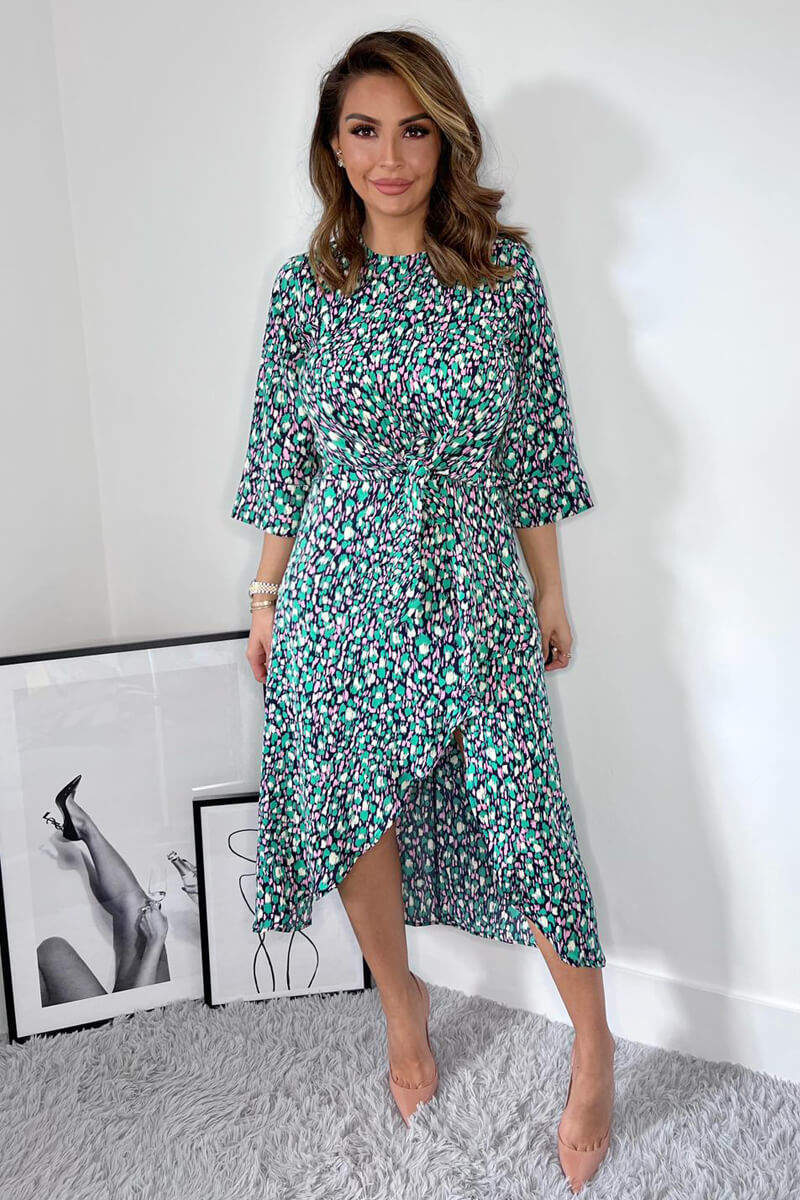 Navy Green And Pink Printed Wrap Tie Front Midi Dress – AX Paris