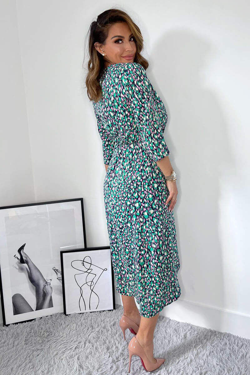 Navy Green And Pink Printed Wrap Tie Front Midi Dress