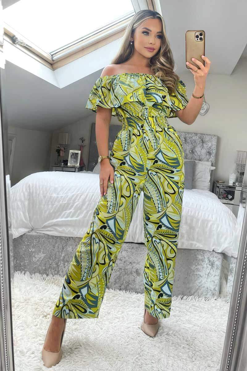 Lime Printed Bardot Culotte Jumpsuit AX Paris