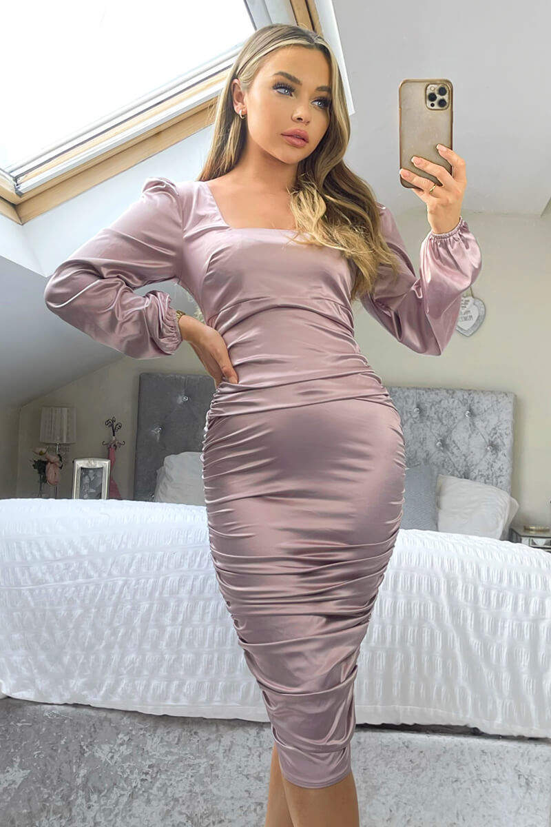 Pink satin ruched dress best sale