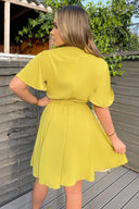 Lime Wrap Over Belted Skater Dress With Short Sleeves