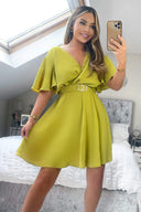 Lime Wrap Over Belted Skater Dress With Short Sleeves