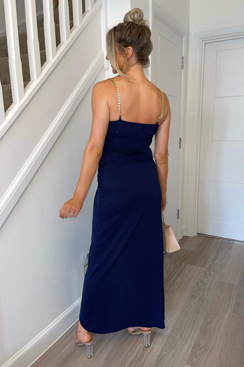 Navy Wrap Over Midi Dress With Chain Straps AX Paris