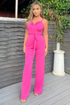 Cerise V-Buckle Belted Full Length Jumpsuit