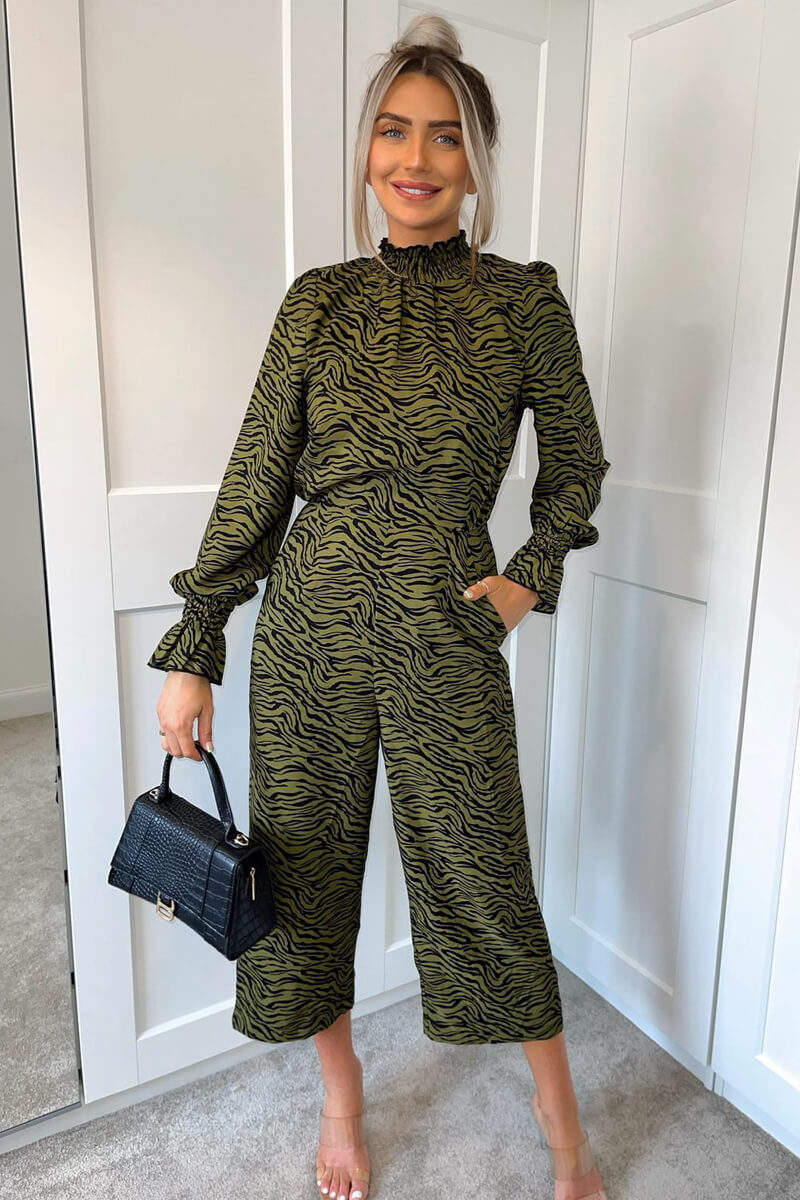 Khaki Animal Print Long Sleeve High Neck Jumpsuit