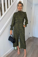 Khaki Animal Print Long Sleeve High Neck Jumpsuit