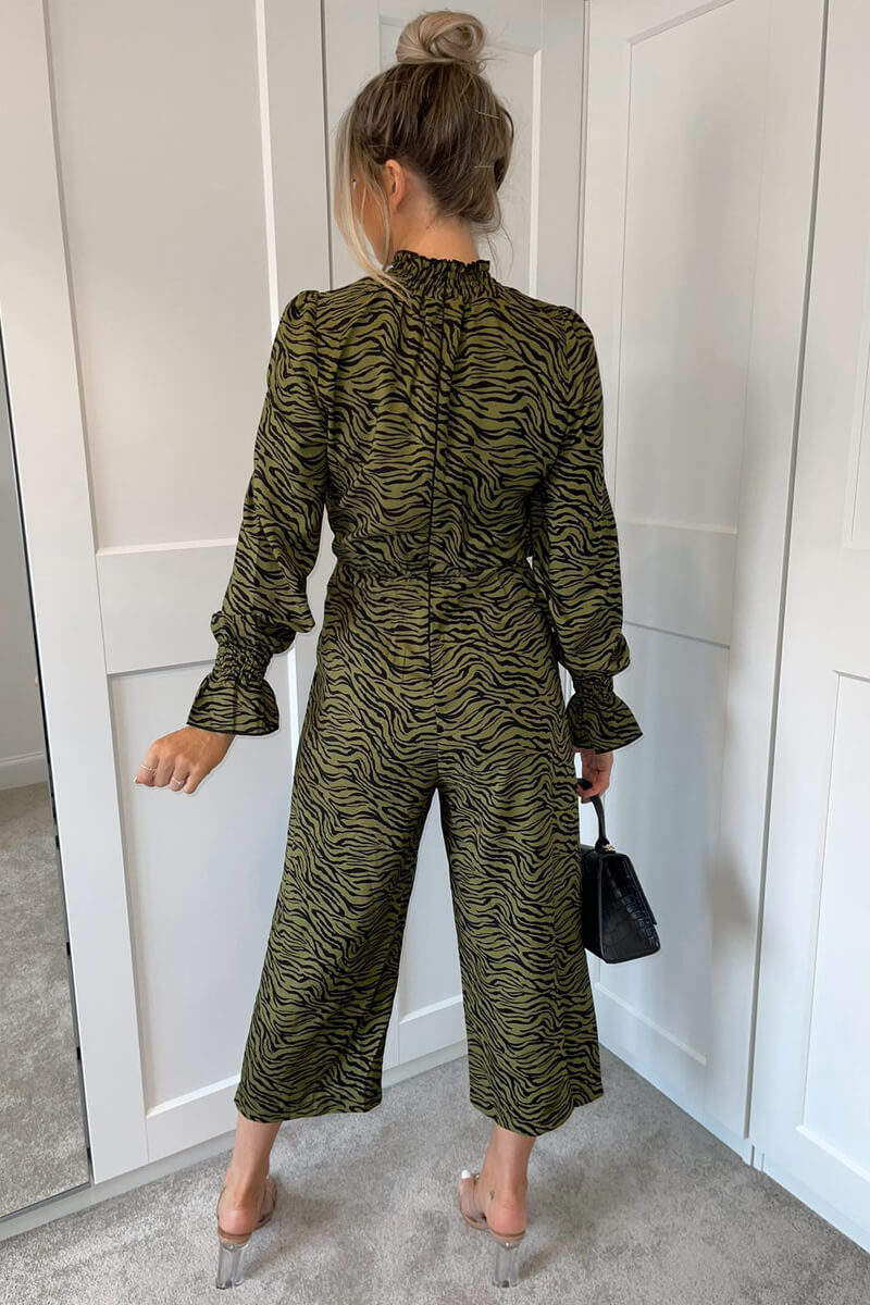 Khaki Animal Print Long Sleeve High Neck Jumpsuit