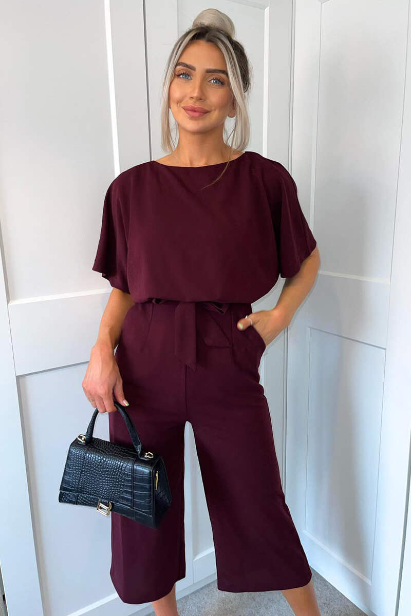 Plum Tie Waist Short Sleeve Culotte Jumpsuit