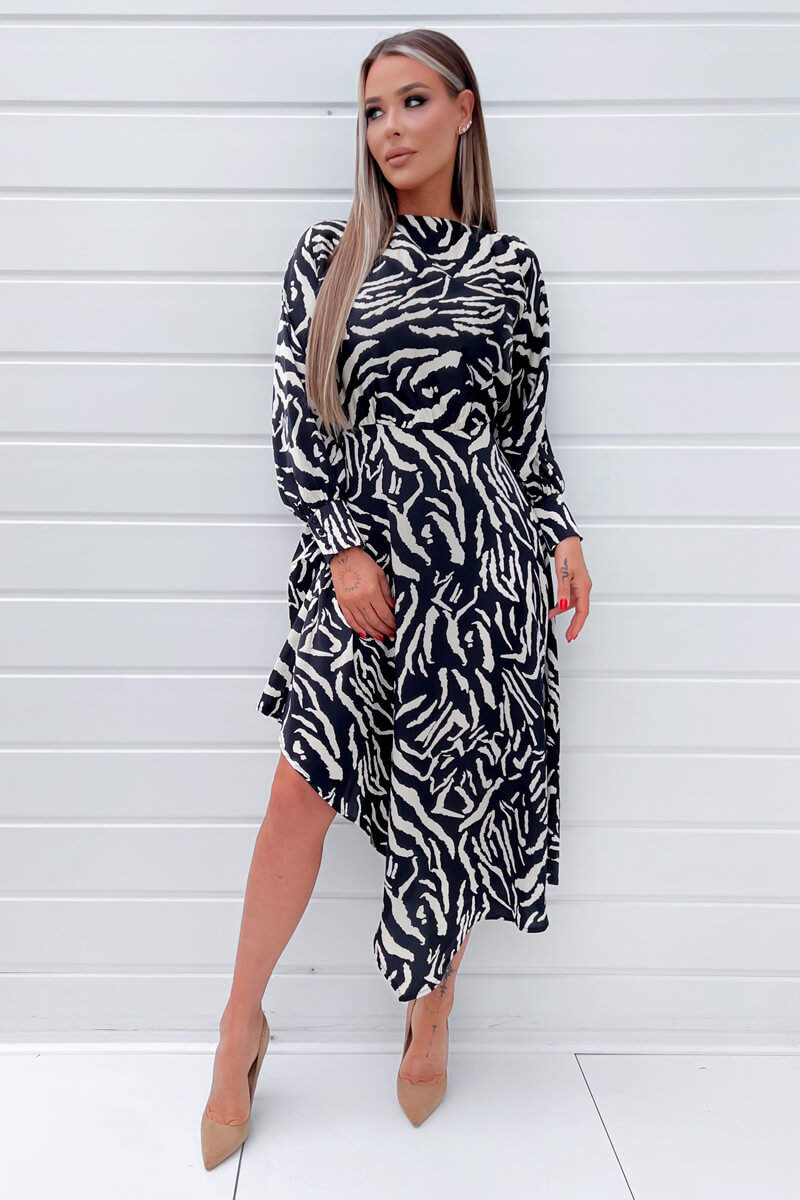 Black Animal Print High Low Skirt Midi Dress